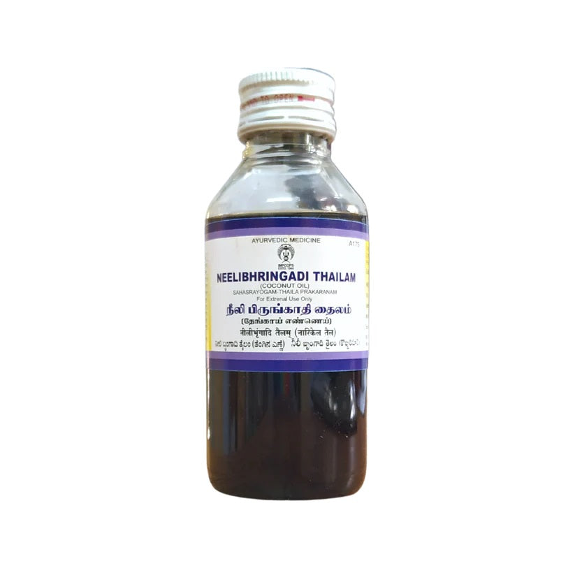 Neelibhringadi Thailam is a 100ml traditional Ayurvedic hair oil, known for its rejuvenating effects on the scalp and hair. Made with all-natural ingredients, this oil nourishes hair follicles and promotes healthy hair growth. Enjoy thicker, stronger, and more lustrous locks with Neelibhringadi Thailam.