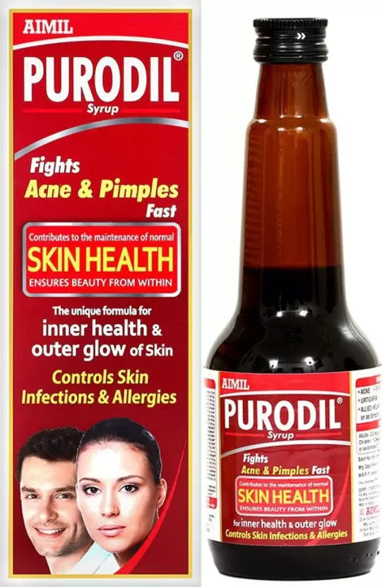 Purodil syrup is a blend of over 35 botanical extracts, key micronutrients and antioxidants within the formula, that contribute to the maintainence of normal skin. This syrup is a poly-herbal dual therapy acting external as well as internally against various skin problems like pimples and acne. Due to its dual action, it gains the antibacterial properties and fights against acne. It helps to remove the impurities by detoxification.