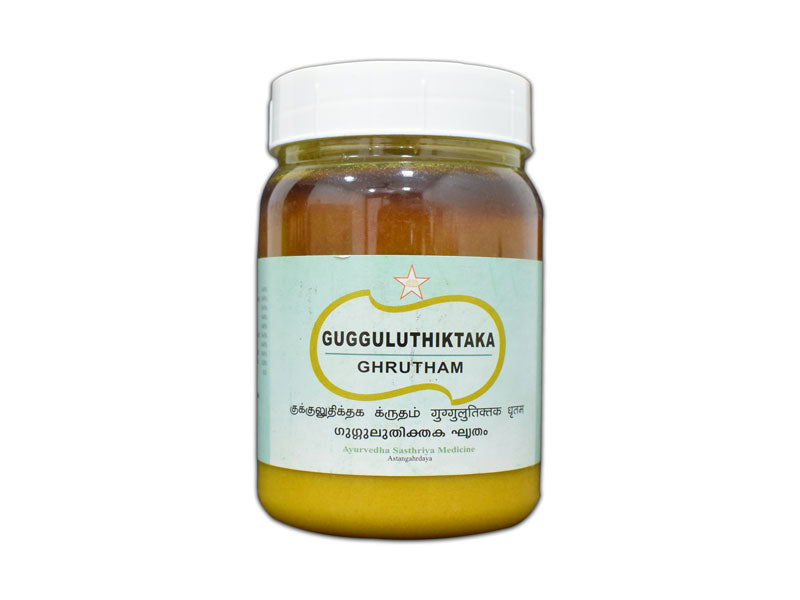 Panchatikta (five bitter herbs) is the name given to this herbal ghee form of Ayurveda. It is also known as guggulutikkattaka ghritam. It is used as a preparatory procedure for panchakarma. It is also used as a medicine, especially for skin diseases.