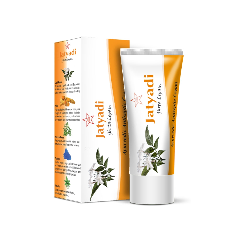 Jatyadi Ghrta Lepam is a traditional Ayurvedic ointment used for treating cuts, wounds, and other skin ailments. Made from natural ingredients such as neem and turmeric, it provides a gentle yet effective healing process for damaged skin. This 35gm pack is perfect for on-the-go treatment.
