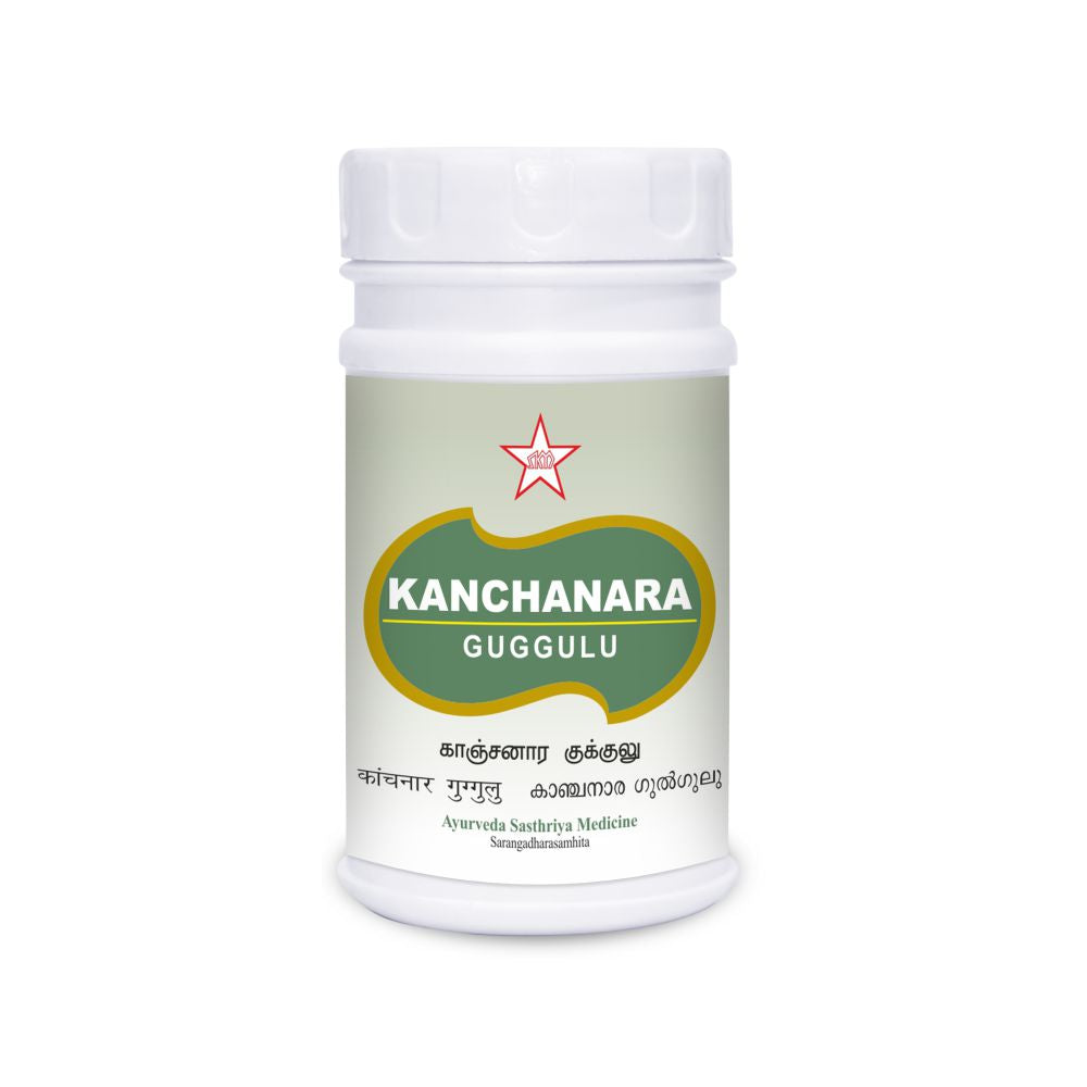 Kanchanar Guggulu is an Ayurvedic herbal medicine it is used to treat a sore throat, tonsillitis, lymphadenitis, benign tumors Beneficial in mucosal and epithelial hypertrophies (enlargement of tissue cells)