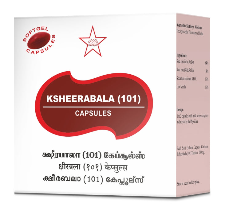 Ksheerabala 101 is a herbal supplement formulated with the combination of 101 herbs known to have potent analgesic and anti-inflammatory benefits. This formula is designed to help manage occasional body aches, joint pain, and muscle soreness. The capsules contain only natural ingredients and are free from any artificial additives and preservatives. Each bottle contains 10 capsules, providing a one-month supply for those looking to improve their overall health and wellness.