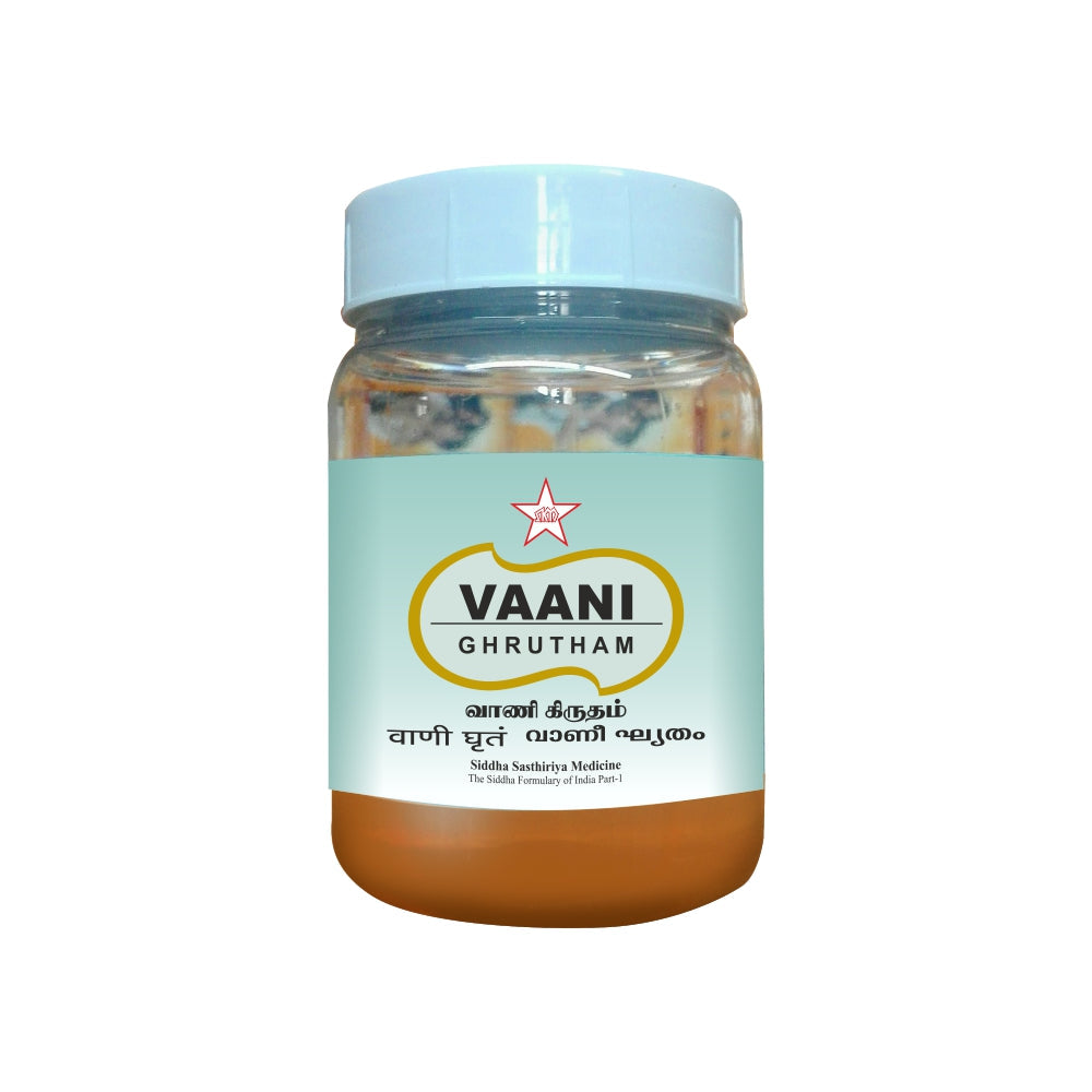 Vaani Ghrutham is a 150-mm ghee-based herbal supplement. This traditional Ayurvedic recipe is carefully made to improve digestion, boost immunity, and nourish the mind and body. With natural ingredients and expert formulation, it offers a potent blend of health benefits.