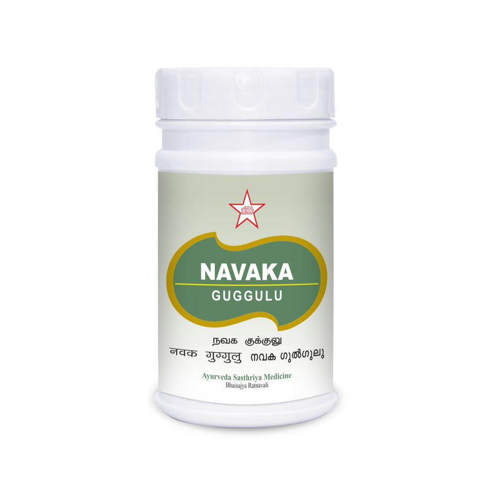 Navaka Guggulu is traditional medicine in the Ayurvedic system of medicine. It helps reduce weight in a natural and effective way. It promotes the breakdown of fat stored in the body.It also stops fat from getting stored in the body.It helps in cutting out fat and losing the unwanted kilos while nourishing and detoxifying the body. Guggulu along with herbs like Pippali, Shunti, Musta, Mareecha, Chitraka, etc acts as an analgesic, carminative, and anti-inflammatory. It is also anti-hyperlipidemic