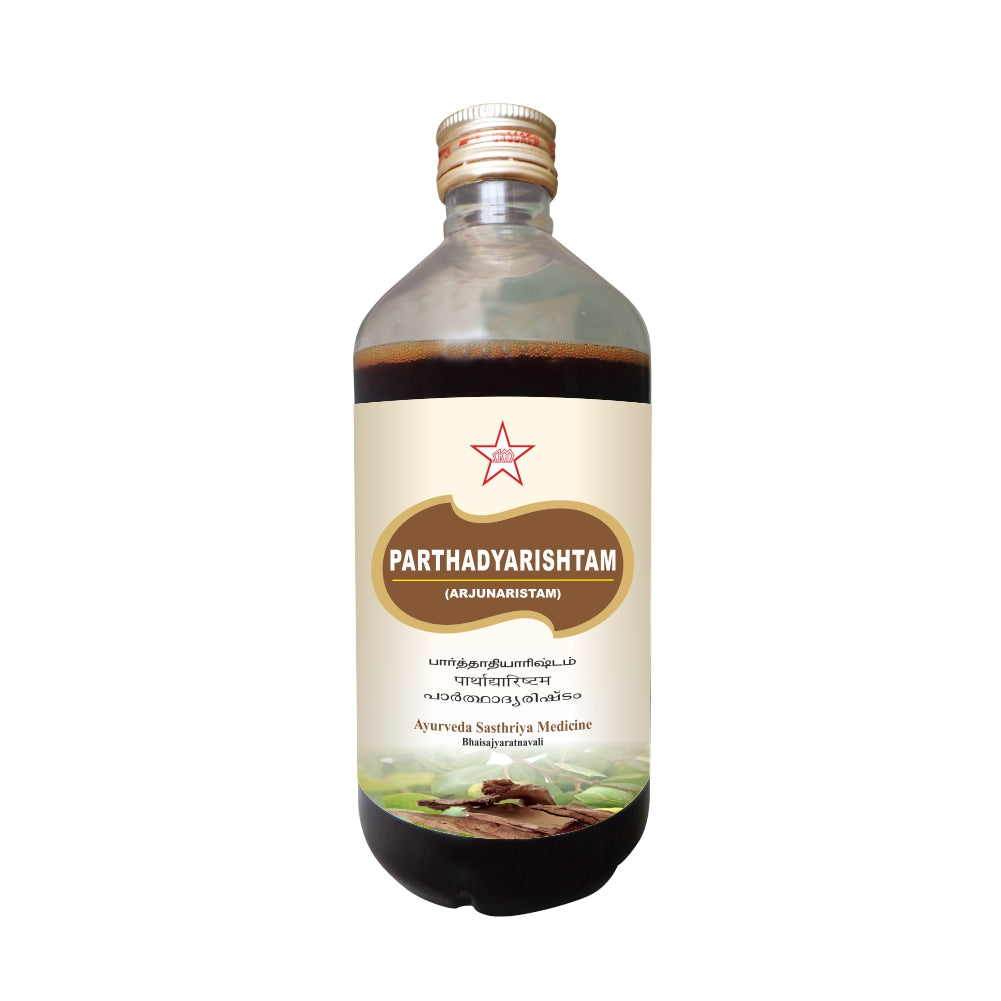 Parthadyarishtam (Arjunaristam) is an Ayurvedic formulation used to support a healthy heart. It is a liquid blend of Parthadya (Terminalia arjuna) bark, ginger, cardamom, pomegranate, and other herbs. It is available in 450ml bottles. Its natural ingredients provide antioxidant, anti-inflammatory, and cardioprotective properties.