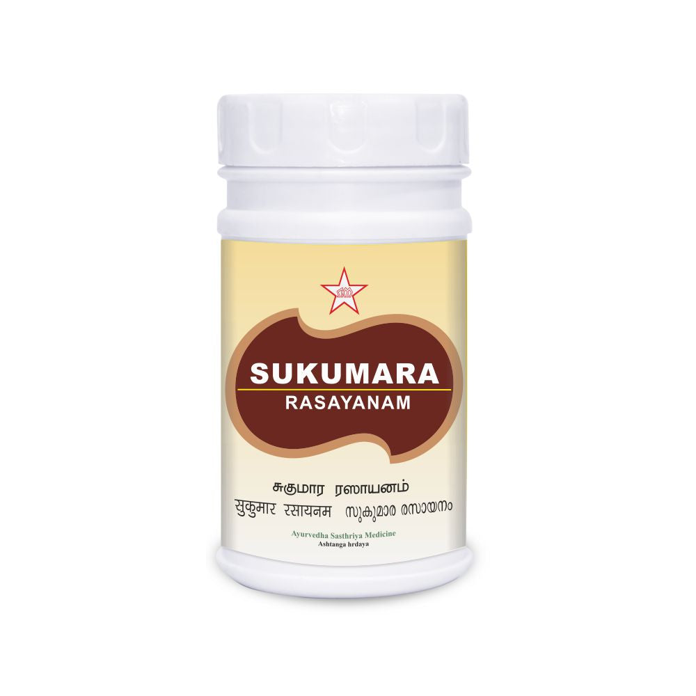 Sukumara Lehyam or Sukumaram Leham is polyherbal Ayurvedic formulation. This medicine is useful in treating a variety of diseases related to Vata and Pitta. It is nutritive, improves strength and increases weight. It is given in case of gastritis (inflammation of the stomach), constipation, hemorrhoids, ulcer, hernia, abscesses, female problems, Vata disorders and as a tonic. It improves the chances of pregnancy.