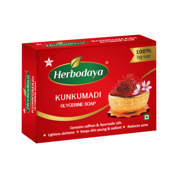 Kumkumadi Soap is made with a blend of natural ingredients including Kumkumadi Tailam, which helps nourish and rejuvenate the skin. It is enriched with saffron, sandalwood, and turmeric, which are known for their antioxidant, anti-inflammatory, and antibacterial properties. This luxurious soap is ideal for making the skin look flawless, smooth, and radiant.