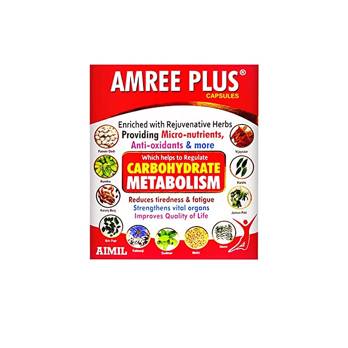 AIMIL Amree Plus Capsule is an ayurveda medicine used to treat diabetes mellitus, diabetic disorders, and also used for reducing tiredness, fatigue, strengthens vital organs with rejuvenative herbs, micro-nutrients , anti-oxidants and more.