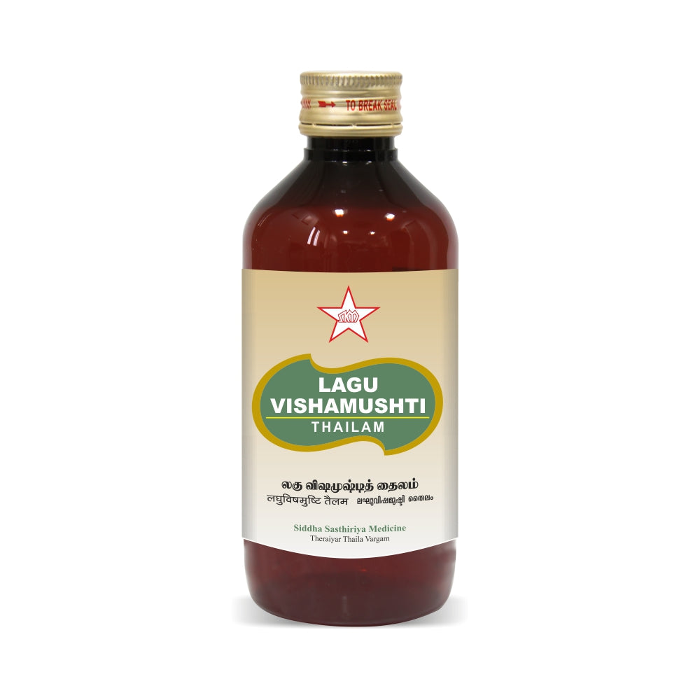 Lagu Vishamushti Thailam is a Classical medicine in the Siddha system of medicine and a natural product. It helps to lower arthritis and rheumatic pain. It also helps in the movement of the painful joint. Cures a muscle pull or spasm. Helpful for people suffering from uneasy joint movemen