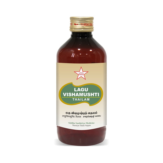 Lagu Vishamushti Thailam is a Classical medicine in the Siddha system of medicine and a natural product. It helps to lower arthritis and rheumatic pain. It also helps in the movement of the painful joint. Cures a muscle pull or spasm. Helpful for people suffering from uneasy joint movemen