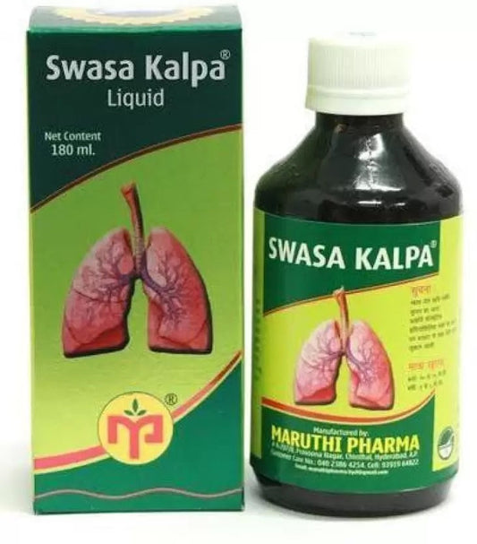 Maruti Pharma Swasa Kalpa Syrup is an Ayurvedic formulation. This herbal potent is may help to resolve breathing issues. It is useful for dust allergy  It helps unblock mucus in the throat and Nose, respiratory issues, Cold, Cough, treat Sneezing, Wheezing, Sinusitis  It is useful for Asthma, Esinophelia, for Bronchitis, treat Cardiac Asthma, and bronchial asthma, eosinophilia, allergic rhinitis (Hay fever).