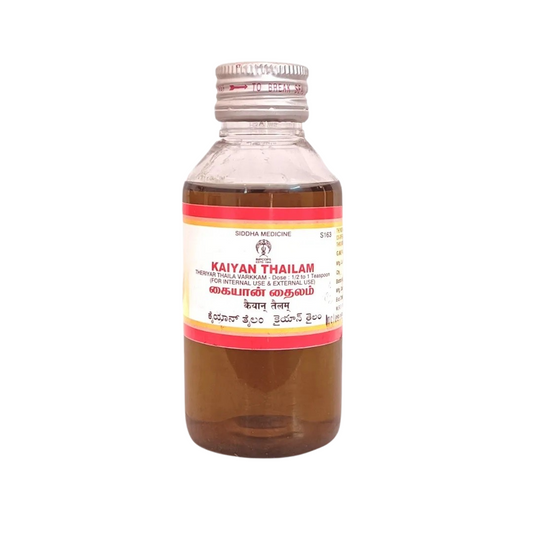 Experience the ancient healing power of Kaiyan Thailam. This 100ml oil is expertly formulated with natural ingredients for maximum efficacy. Harness the therapeutic benefits of Ayurveda to rejuvenate, restore, and revitalize your body and mind. Elevate your self-care routine with Kaiyan Thailam.