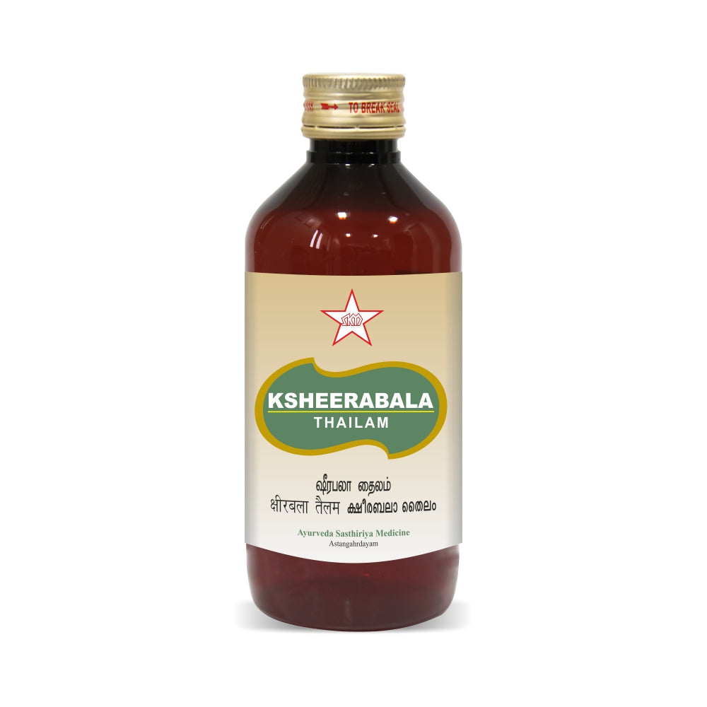 Ksheerabala Thailam or Kshirabala Oil is ayurvedic medicated oil used for the treatment of diseases related to the musculoskeletal system. It is also advisable for internal (oral) intake for pacifying Vata Dosha in the body. It gives relief from pain, stiffness, inflammation, swelling and other symptoms of aggravated and increased Vata Dosha. It is rejuvenating, which helps to repair the damaged tissue. It also provides nourishment to the nerves, brain, and spinal structures. 