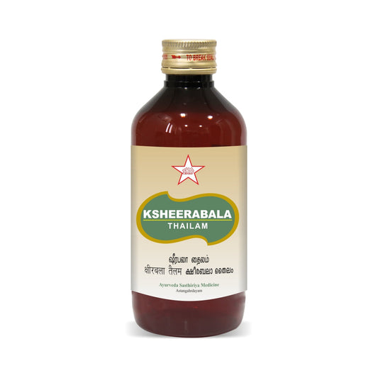 Ksheerabala Thailam or Kshirabala Oil is ayurvedic medicated oil used for the treatment of diseases related to the musculoskeletal system. It is also advisable for internal (oral) intake for pacifying Vata Dosha in the body. It gives relief from pain, stiffness, inflammation, swelling and other symptoms of aggravated and increased Vata Dosha. It is rejuvenating, which helps to repair the damaged tissue. It also provides nourishment to the nerves, brain, and spinal structures. 