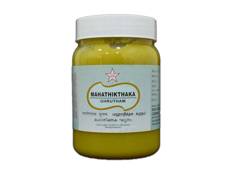 Mahathikthaka Ghritham is a poly-herbal, medicated Ayurvedic medicine for dermatitis treatment and skin-related discomfort. Mahathikthaka Ghritham contains handpicked ingredients that are known to provide relief from boils, rashes, pus discharge and Ayurvedic treatment for eczema on hands. 
