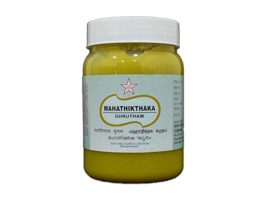 Mahathikthaka Ghritham is a poly-herbal, medicated Ayurvedic medicine for dermatitis treatment and skin-related discomfort. Mahathikthaka Ghritham contains handpicked ingredients that are known to provide relief from boils, rashes, pus discharge and Ayurvedic treatment for eczema on hands. 