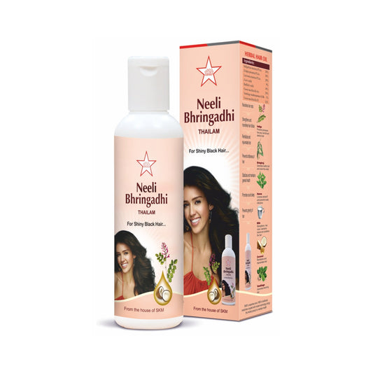 Neelibhringadi Thailam is Ayurvedic hair oil, used to improve the quality of hair, to treat split hairs, premature graying, and baldness. This herbal oil is formulated based on Kerala Ayurvedic principles. It is used to treat premature greying, baldness, split hairs, hair loss, scalp itching, and dandruff.  This oil is meant to be used for external applications only. It is applied over the scalp, followed by a gentle massage for five minutes.