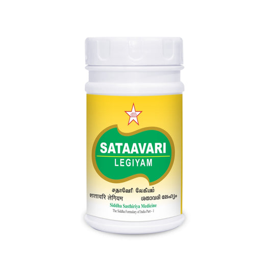 Sataavari legiyam is an Ayurvedic rasayana herb which is also known as the female-friendly herb. It is helpful in menstrual disorders and acts as a uterine tonic. It enhances breast development and increases breast milk production by regulating hormonal balance. Shatavari is also beneficial for men as it improves testosterone levels. It might be good for diabetics as it helps manage blood sugar levels. Shatavari might also promote memory functions due to its antioxidant activity
