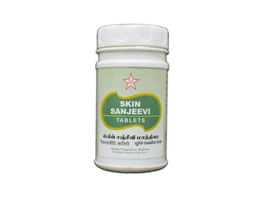 Skin Sanjeevi tablet is a classical Siddha medicine it is used for the treatment of diseases of the liver, skin diseases, lack of appetite, fever, and purification of the blood.  It has immunomodulatory, anti-oxidant, and anti-microbial properties. It relieves pain, inflammation, and swelling.  It is an ayurvedic herb used in the treatment of skin diseases, dhat syndrome, bleeding disorders and to treat intestinal worms.