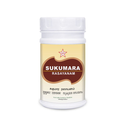 Sukumara Lehyam or Sukumaram Leham is polyherbal Ayurvedic formulation. This medicine is useful in treating a variety of diseases related to Vata and Pitta. It is nutritive, improves strength and increases weight. It is given in case of gastritis (inflammation of the stomach), constipation, hemorrhoids, ulcer, hernia, abscesses, female problems, Vata disorders and as a tonic. It improves the chances of pregnancy.