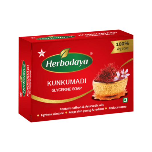Kumkumadi Soap is made with a blend of natural ingredients including Kumkumadi Tailam, which helps nourish and rejuvenate the skin. It is enriched with saffron, sandalwood, and turmeric, which are known for their antioxidant, anti-inflammatory, and antibacterial properties. This luxurious soap is ideal for making the skin look flawless, smooth, and radiant.